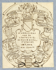 39528 Afbeelding van een wapenbord van de acht officieren en de secretaris van de compagnie de Bloedkuyl te Utrecht.